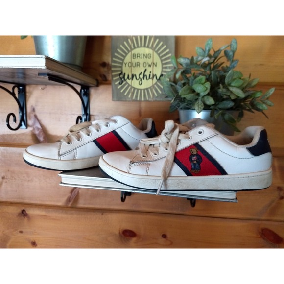 Polo Ralph Lauren Other - Polo Quilton Teddy‎ Bear Sneakers US Size 4 Kids White Red Blue Shoes